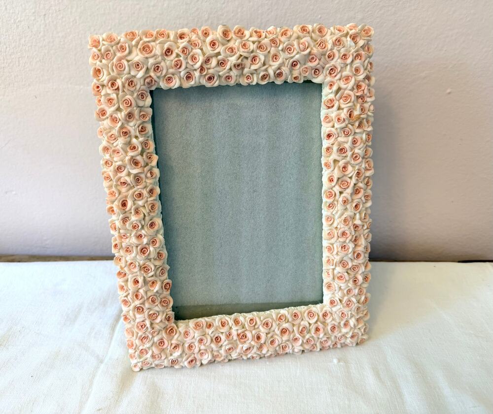 Rose Encrusted Picture Frame Cream Pink Roses Wedding Vanity Vintage